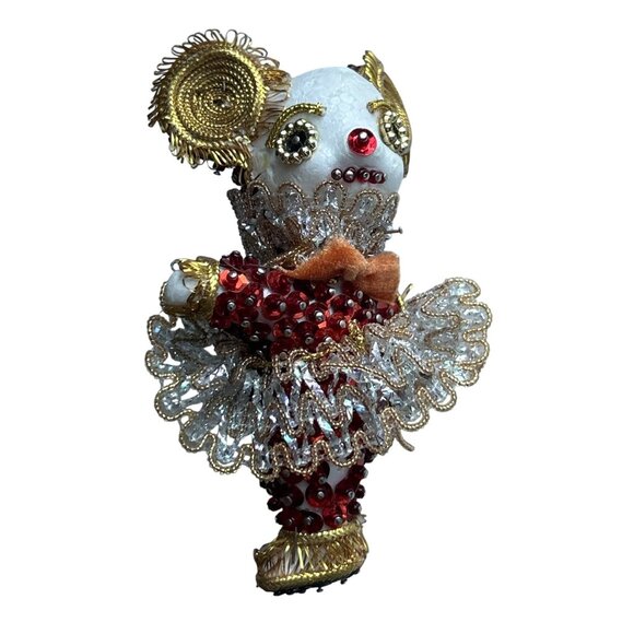Vintage Ornate Handcrafted Clown Ornament With Red Sequins & Gold Beads - Picture 2 of 5